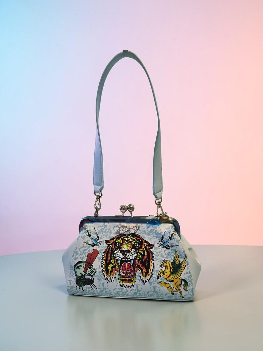 NEW Ed Hardy Y2K Tiger Tattoo White Clutch Shoulder Bag & Bag Charm 10"x7x3 NWT